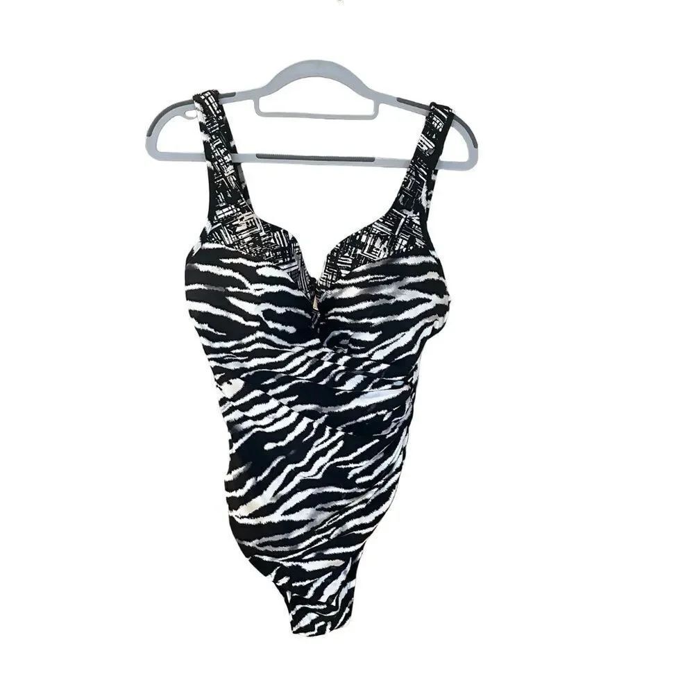 Woman's Swimsuit One Piece Shoulder Straps Print Black-White 16